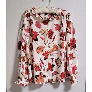 Ann Taylor XXL Bold Red Floral Graphic Print Ruffle Collar Button Down Business